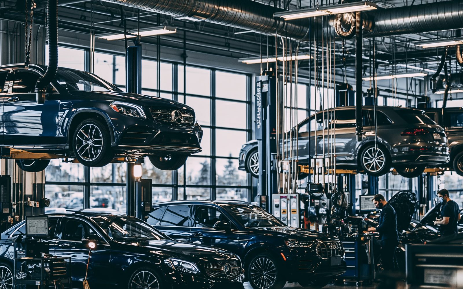 Cars up on lifts in an auto repair shop bay